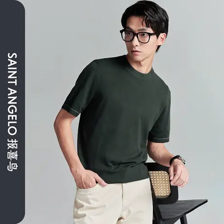 报喜鸟秋季新款男士时尚休闲短袖圆领T恤上衣百搭羊毛衫灰湖绿男图片