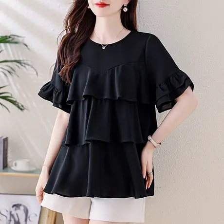 雪纺衫女短袖夏季新款宽松加肥加大码中年妈妈中长款遮肉小衫上衣商品大图