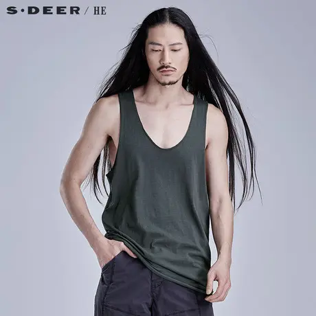 sdeerhe圣迪奥男装休闲纯棉大领口做旧毛边纯色男士背心H15270365图片