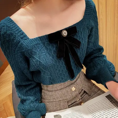 粉红大布娃娃性感气质蝴蝶结打底衫复古方领套头蓝色针织衫女春冬图片
