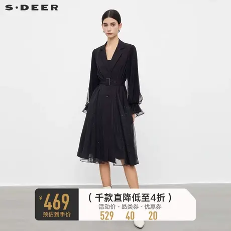 sdeer圣迪奥女装西装领收腰网纱喇叭袖长款风衣S233Z1801图片