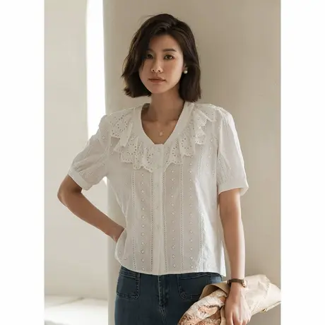 弥古白色短袖衬衣设计感高级感气质女夏季法式泡泡袖纯棉镂空上衣商品大图