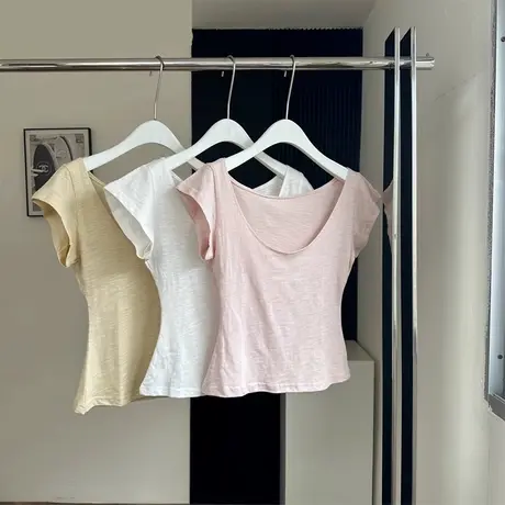 法式纯欲风短袖T恤女2025夏季新款修身显瘦短款大领口u领打底上衣图片