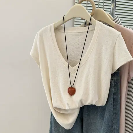 大领口露锁骨V领短袖T恤女夏季薄款宽松韩版雪花棉打底衫半袖上衣图片