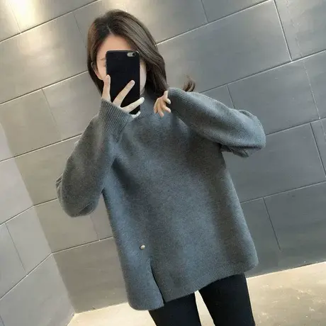 秋冬新款半高领毛衣下摆开叉设计高级感欧洲站宽松气质针织毛衣女商品大图