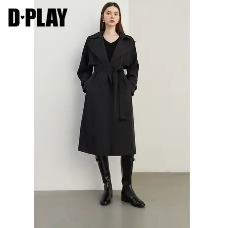 DPLAY2025年春季新款气质翻领黑色风衣外套女流行洋气长款大衣商品大图