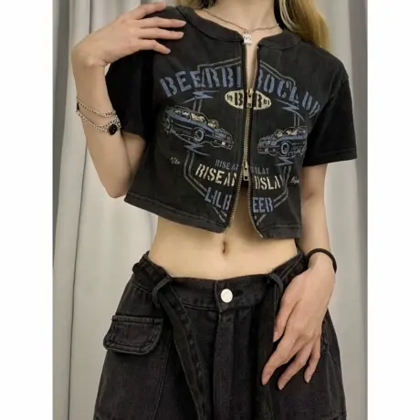 美式复古设计感双拉链开衫短袖t恤女夏季新款辣妹宽松短款上衣ins商品大图