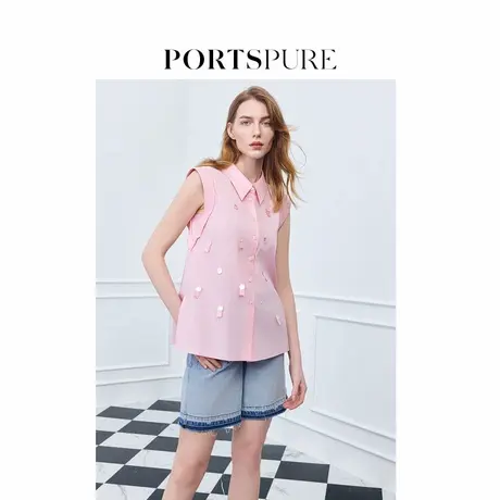 宝姿PORTSPURE女装2025夏季新品温柔甜美亮片无袖淡人衬衫上衣商品大图