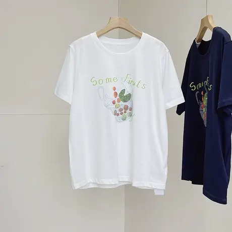亲肤凉感雪花棉韩版果篮印花短袖T恤女夏薄款宽松显瘦打底衫上衣商品大图