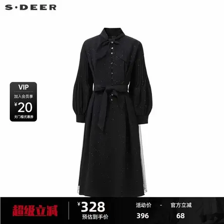 sdeer圣迪奥女装秋学院风压褶收腰网纱长袖连衣裙S241Z1265商品大图
