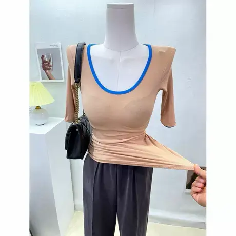 显身材一绝～ins洋气拼色大圆领短袖t恤女紧身性感体恤打底上衣夏商品大图