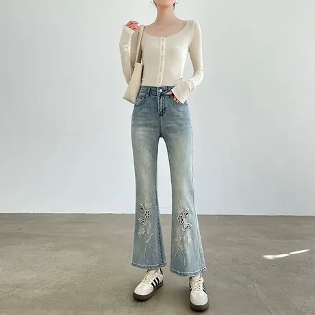 刺绣微喇牛仔裤女夏季薄款复古高腰修身显瘦烫钻镂空九分喇叭裤子商品大图