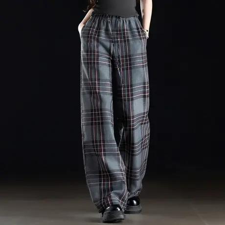 复古格子阔腿裤女2025新款春季松紧抽绳女裤高腰显瘦直筒休闲长裤商品大图