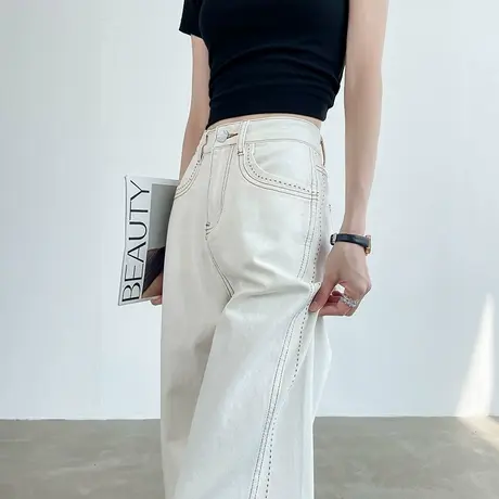 米白色明线直筒阔腿裤女夏季薄款裤子高腰宽松显瘦垂感拖地牛仔裤商品大图
