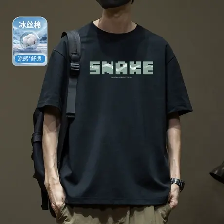 字母印花短袖T恤男士2025夏季新款冰丝棉凉感宽松大码圆领体恤衫商品大图