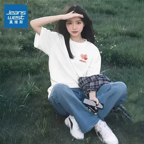 JR真维斯纯棉短袖T恤女夏季新款学院风高级感百搭休闲宽松上衣商品大图