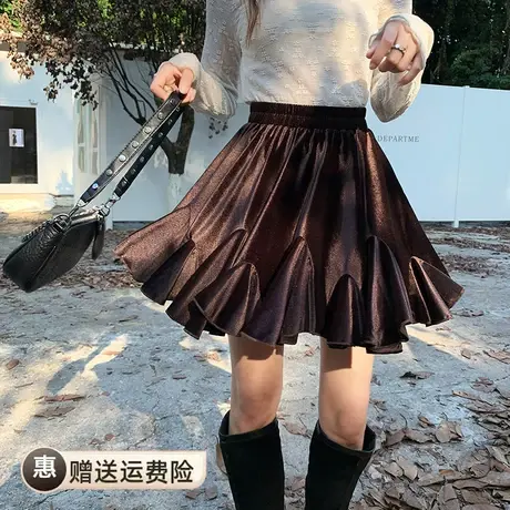 松紧高腰金丝绒百褶半身裙女2023秋冬新款韩版小个子显瘦a字短裙商品大图