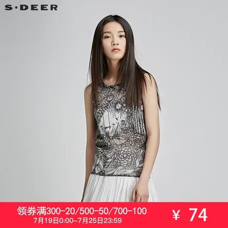 sdeer圣迪奥女装夏装黑白插画印花拼接无袖针织T恤背心S16280389图片