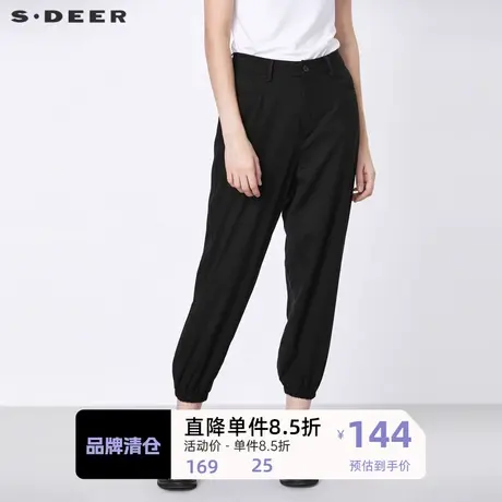 S·DEER圣迪奥女装简约插袋松紧拼接黑色九分裤S21380827图片