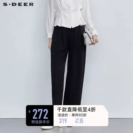 sdeer圣迪奥女装OL风松紧拼接压褶直筒宽松休闲裤长裤S223Z0849图片