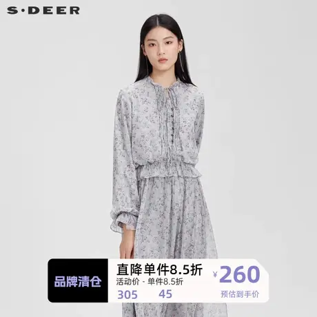 sdeer圣迪奥女装木耳边系带碎花泡泡袖衬衫S231Z0557图片