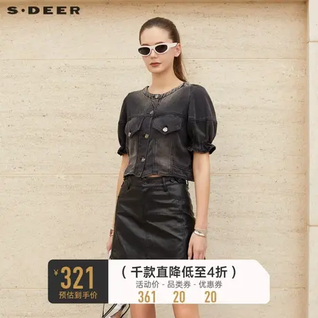 sdeer圣迪奥女装休闲圆领泡泡袖牛仔短款上衣S232Z2220图片
