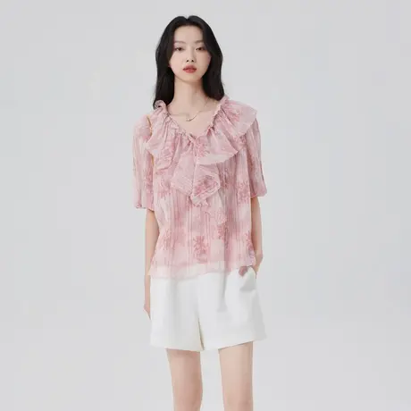 【直播】艾莱依浪漫衬衫女夏商场同款时尚荷叶边法式气质雪纺上衣商品大图