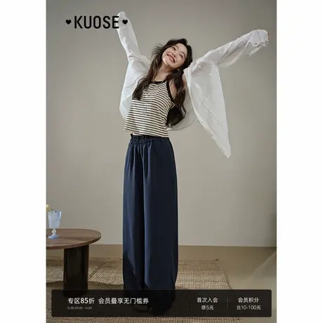 阔色藏蓝色肌理垂感休闲裤女2025夏季新款高腰花苞腰直筒长裤子商品大图