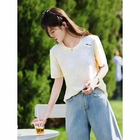 时尚短袖T恤2024年夏季新款女圆领新中式纹理感简约个性上衣商品大图