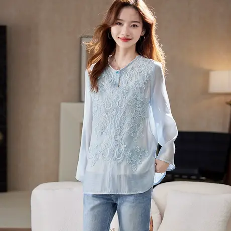 宝诗黎圆领刺绣防晒长袖衬衫2025春季欧若风气质百搭休闲衬衣女图片