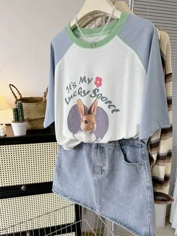 减龄透气空调衫~夏季薄款雪花棉小兔韩系撞色插肩短袖上衣女款T恤商品大图