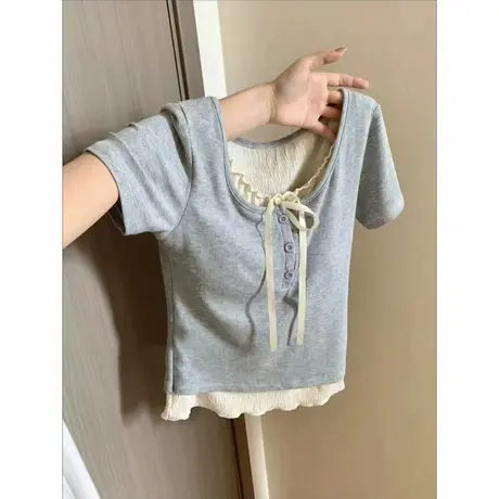 法式纯欲风假两件短袖T恤女夏季韩版修身显瘦辣妹短款半袖上衣服商品大图