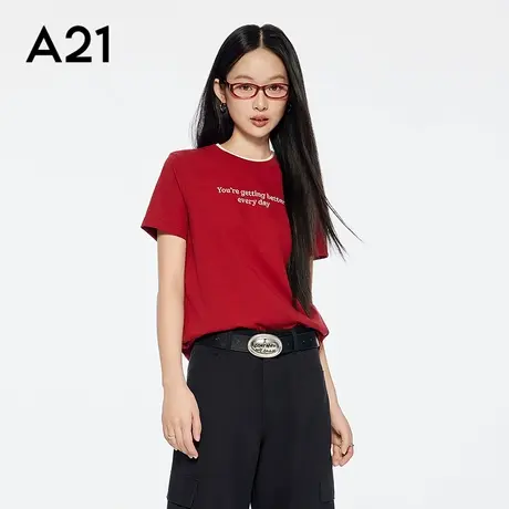 A21女装三色可选撞色圆领假两件T恤简约短袖短款上衣商品大图