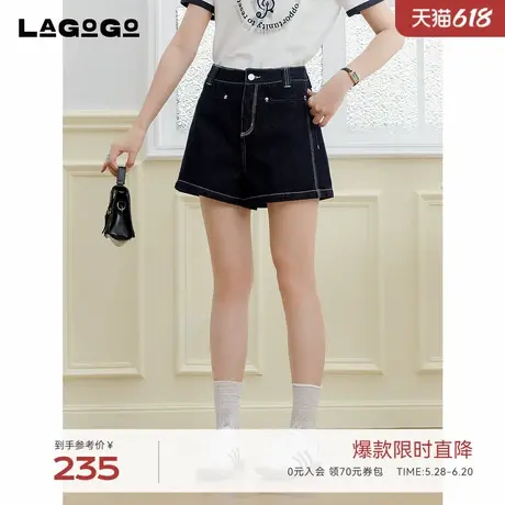 LAGOGO高腰深蓝色牛仔裤女拉谷谷2025夏季新款通勤短裤OANN134E91商品大图
