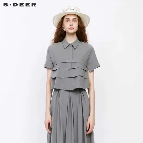 sdeer圣迪奥女装复古套装翻领拼接宽松短袖衬衫S242Z0434商品大图