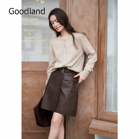 Goodland美地女装2024冬季新款摩登复古不对称扣PU皮A字半身裙商品大图