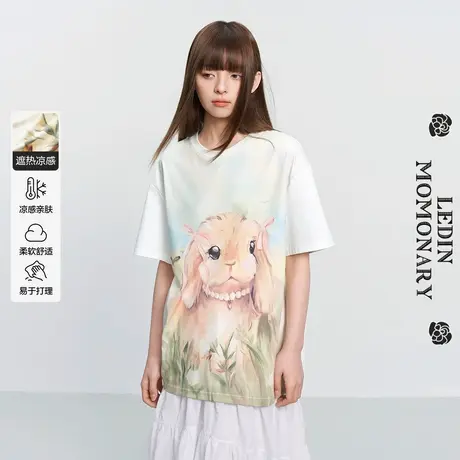 【商场同款】乐町油画满印草原小兔宽松短袖oversizeT恤C1CNF2204图片