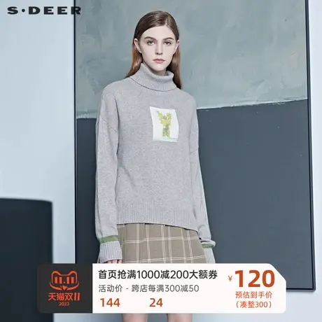 sdeer圣迪奥女装休闲高领撞色印花开衩宽松毛衣S20463511🎵商品大图