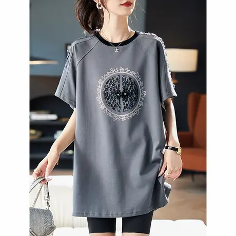 宝诗黎中长款蕾丝烫钻拼接短袖T恤2025夏季百搭洋气棉质女装上衣图片