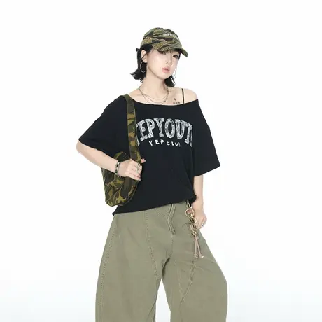 2025夏季新款一字领斜肩创意印花短袖T恤女ins甜辣风宽松半袖上衣商品大图