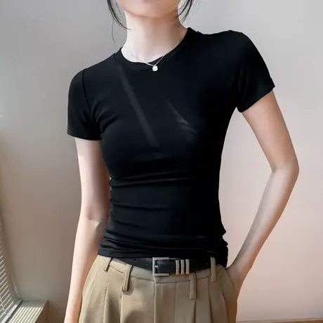 小圆领简约短袖T恤女2025夏新款紧身显瘦纯色百搭正肩薄款上衣潮图片