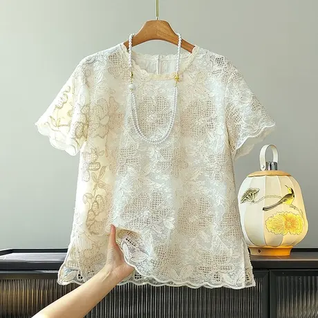 高端新中式镂空刺绣短袖t恤衫女夏季新款蕾丝纯棉轻国风气质上衣图片