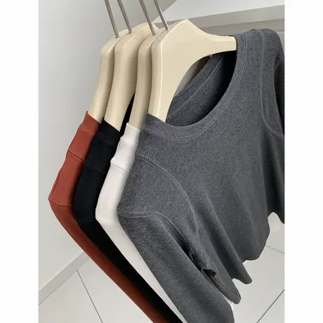 设计感拼缝正肩纯色T恤女秋冬款内搭上衣基础百搭圆领长袖打底衫图片