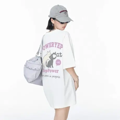 YEP潮牌美式复古猫咪印花短袖T恤女夏季新款纯棉休闲宽松半袖上衣图片