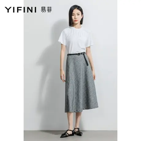 Yifini/易菲中长款过膝复古格纹半身裙女春夏新款亚麻感A字裙图片