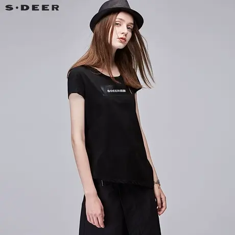 sdeer圣迪奥2018夏装字母印花韩范学院不规则短袖T恤女S17280128图片