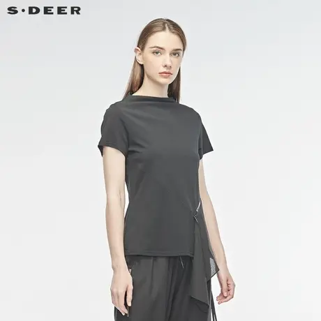 sdeer圣迪奥夏季半高领型解构分割字母拉链不规则摆T恤S192801C1图片
