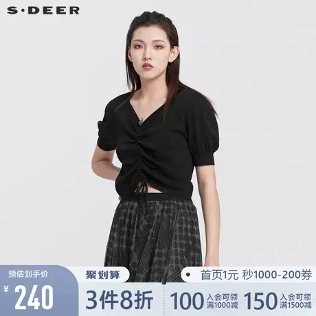 sdeer圣迪奥22夏季新品性感V领抽褶系带泡泡袖针织衫女S22263503图片