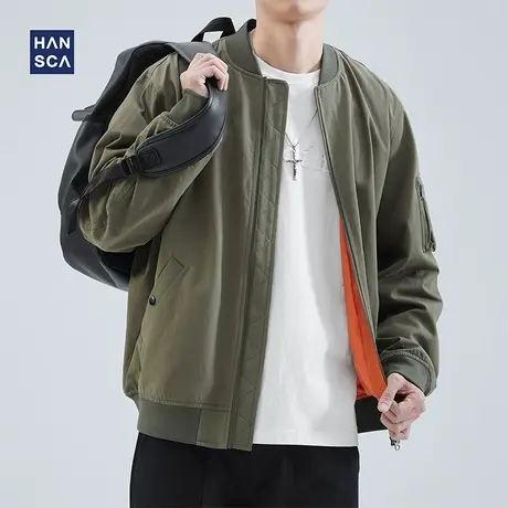 Hansca飞行夹克外套男新款军绿色春季美式宽松棒球领休闲复古上衣图片