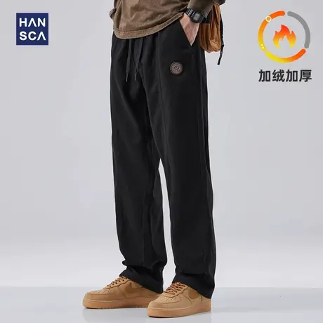 hansca纯棉工装休闲裤男士秋冬季宽松直筒复古加绒加厚运动长裤子商品大图